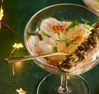 Sea Bass Carpaccio with Grapefruit and Mini Toasts with Seaweed Tartare
