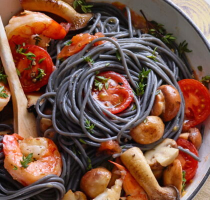 Squid Ink Spaghetti with Prawns and Sautéed Mushrooms
